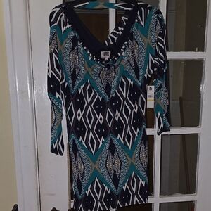 Laundry Geometric Patterned Dress with Teal Accents